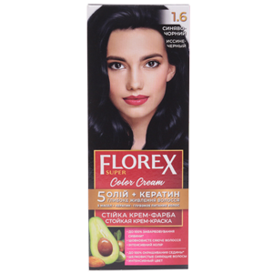 Крем-краска для волос Florex Super  1.6 Иссиня-черный стойкая с маслом Оливы + кератин 