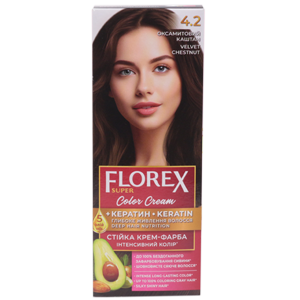 Крем-краска для волос Florex Super  4.2 Бархатный каштан стойкая с маслом Оливы + кератин 