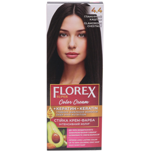Крем-краска для волос Florex Super  4.4 Гламурный каштан стойкая с маслом Оливы + кератин 