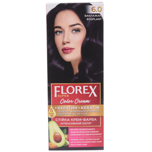 Крем-краска для волос Florex Super  6.0 Баклажан стойкая с маслом Оливы + кератин 