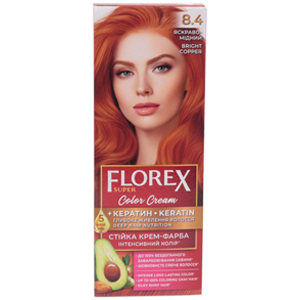 Крем-краска для волос Florex Super  8.4 Ярко-медный стойкая с маслом Оливы + кератин 